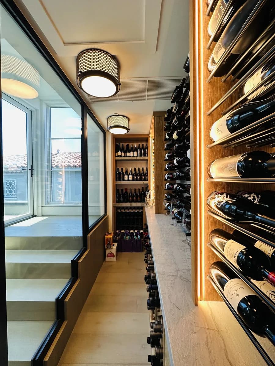 A custom wine cellar photographed by California Custom Cellars.