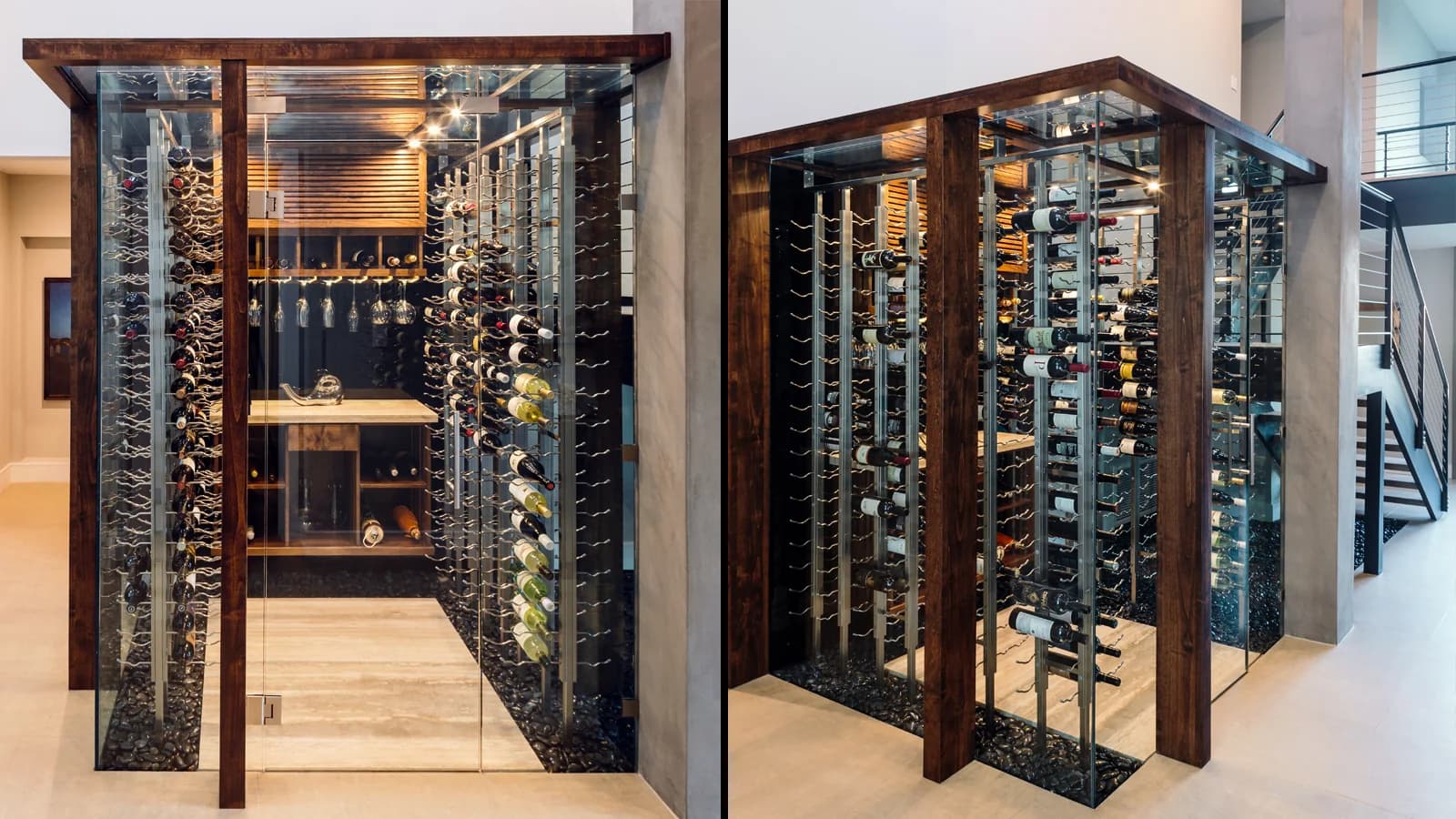 Freestanding glass wine enclosures with dark wood frames and metal bottle racks.